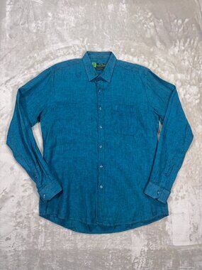 Ramraj Linen Park Men's Long Sleeve Shirt Pure Linen Blue - Size 42cm Large